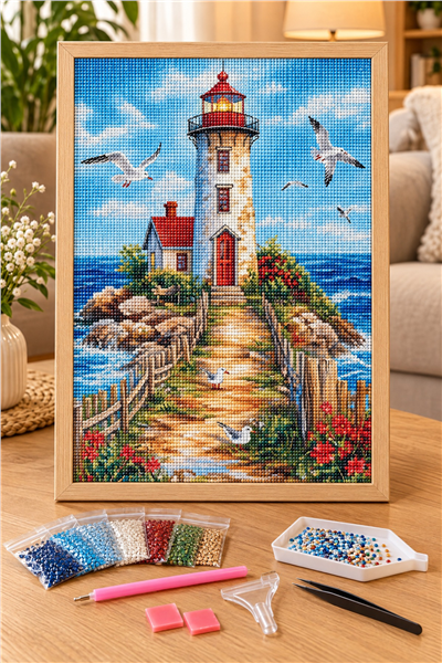 Elmas Boyama Puzzle Kit, Martılar ve Beyaz Deniz Feneri 40x50 cm Mozaik