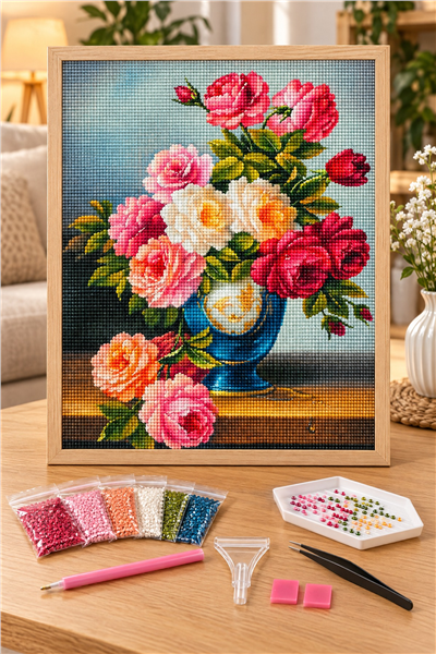 Elmas Boyama Puzzle Kit, Mavi Vazoda Pembe ve Kırmızı Güller 21x25 cm Mozaik