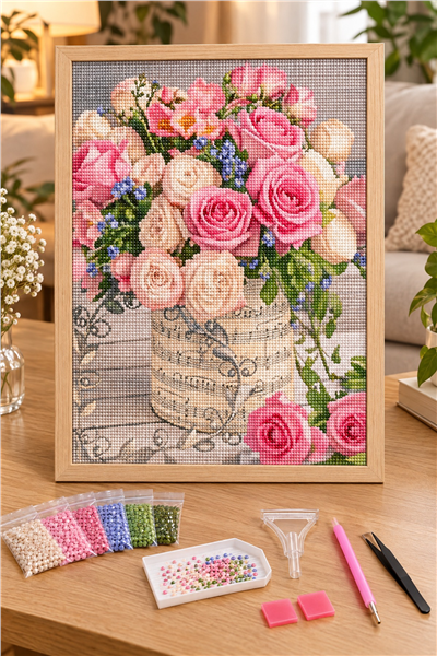 Elmas Boyama Puzzle Kit, Nota Desenli Saksıda Pembe Güller 21x25 cm Mozaik