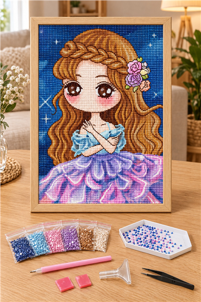Elmas Boyama Puzzle Kit, Örgü Saçlı Prenses Kız 21x25 cm Mozaik