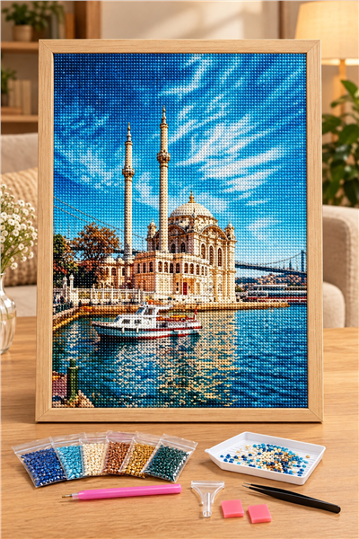 Elmas Boyama Puzzle Kit, Ortaköy Camii ve Boğaz 30x40 cm Mozaik