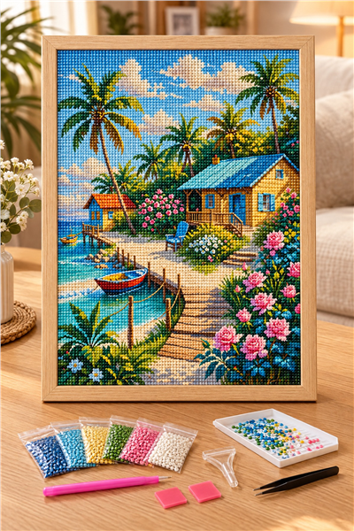 Elmas Boyama Puzzle Kit, Palmiyeli Sahil Evi 40x50 cm Mozaik