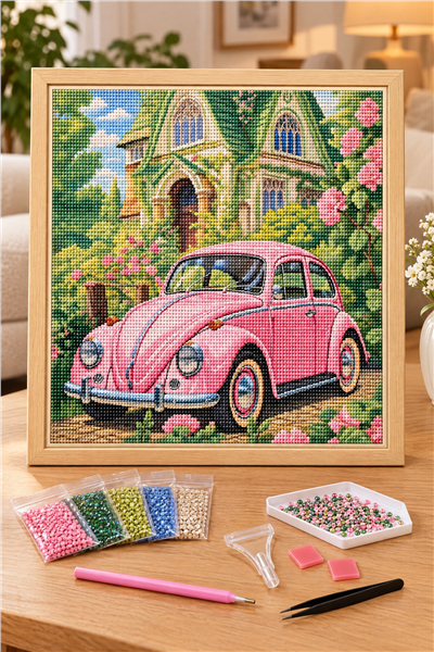Elmas Boyama Puzzle Kit, Pembe Vosvos ve Çiçekli Ev 30x30 cm Mozaik