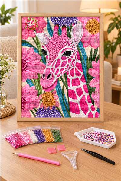 Elmas Boyama Puzzle Kit, Pembe Zürafa ve Çiçekler 21x25 cm Mozaik