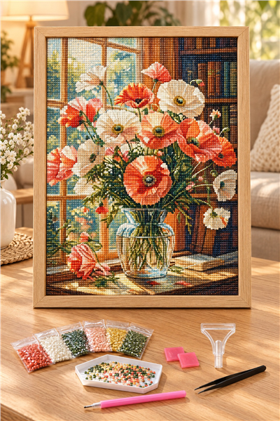 Elmas Boyama Puzzle Kit, Pencere Kenarında Cam Vazoda Gelincikler 50x65 cm Mozaik