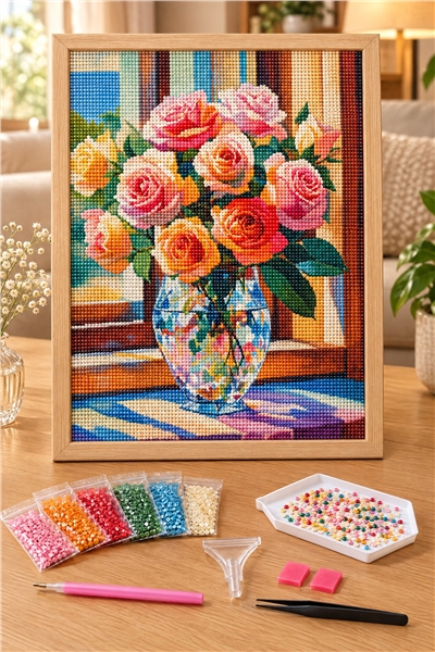 Elmas Boyama Puzzle Kit, Pencere Önünde Desenli Vazoda Güller 40x50 cm Mozaik