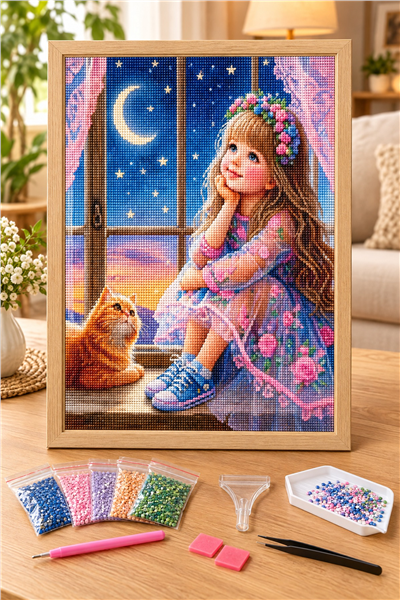 Elmas Boyama Puzzle Kit, Pencere Önünde Hayal Kuran Kız ve Kedi 30x40 cm Mozaik