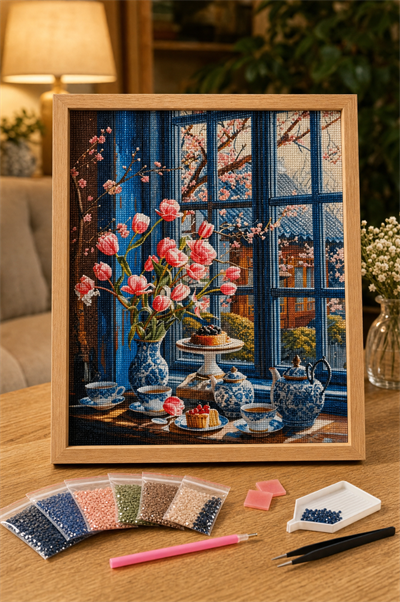 Elmas Boyama Puzzle Kit, Pencere Önünde Laleler ve Çay Takımı 40x50 cm Mozaik