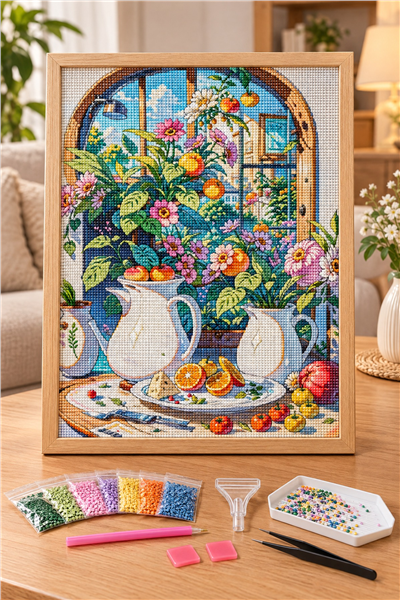 Elmas Boyama Puzzle Kit, Pencere Önünde Çiçekler ve Meyveler 21x25 cm Mozaik