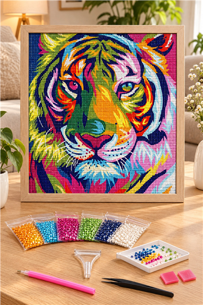 Elmas Boyama Puzzle Kit, Pop Art Renkli Kaplan 21x25 cm Mozaik