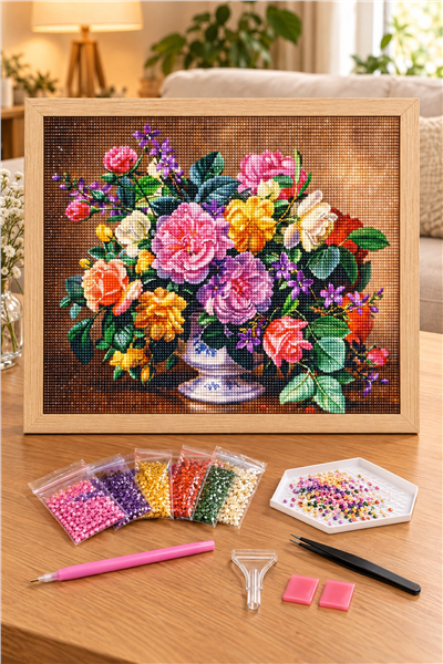 Elmas Boyama Puzzle Kit, Porselen Kasede Rengarenk Güller 50x65 cm Mozaik