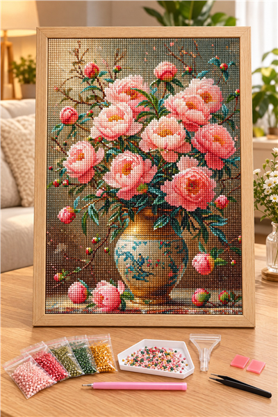 Elmas Boyama Puzzle Kit, Porselen Vazoda Şakayıklar 30x40 cm Mozaik