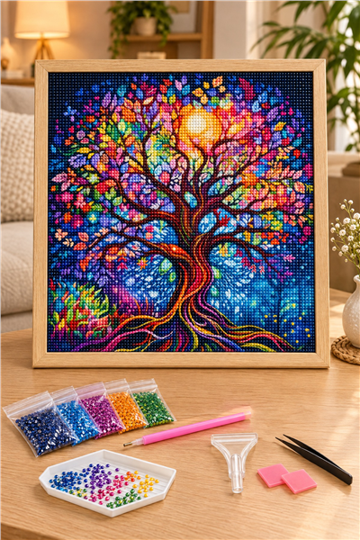 Elmas Boyama Puzzle Kit, Rengarenk Hayat Ağacı 30x30 cm Mozaik