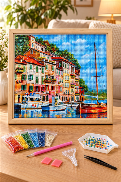 Elmas Boyama Puzzle Kit, Renkli Evler ve Liman 50x65 cm Mozaik