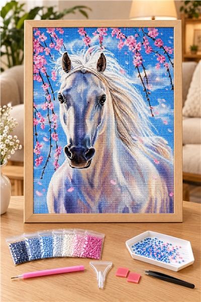Elmas Boyama Puzzle Kit, Sakura Dalları Altında Beyaz At 21x25 cm Mozaik