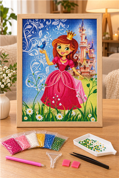Elmas Boyama Puzzle Kit, Şatonun Önünde Prenses 21x25 cm Mozaik