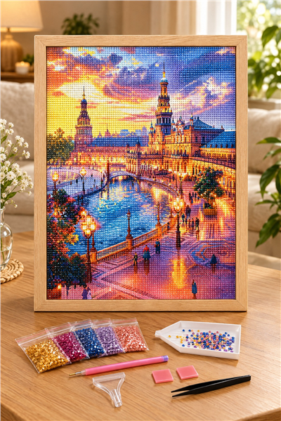 Elmas Boyama Puzzle Kit, Sevilla İspanya Meydanı Gün Batımı 40x50 cm Mozaik