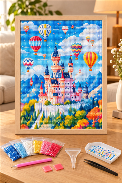 Elmas Boyama Puzzle Kit, Sıcak Hava Balonları ve Pembe Şato 21x25 cm Mozaik
