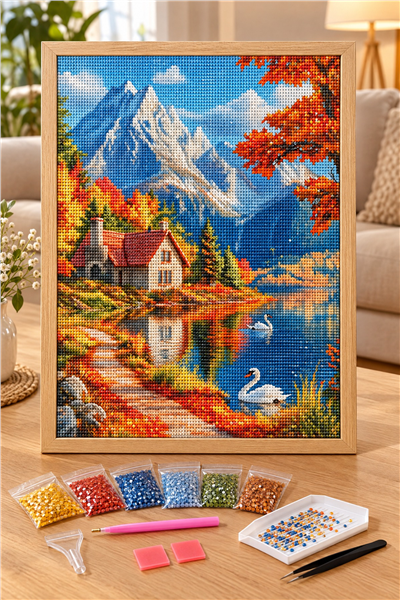 Elmas Boyama Puzzle Kit, Sonbaharda Dağ Gölü ve Kuğular 40x50 cm Mozaik