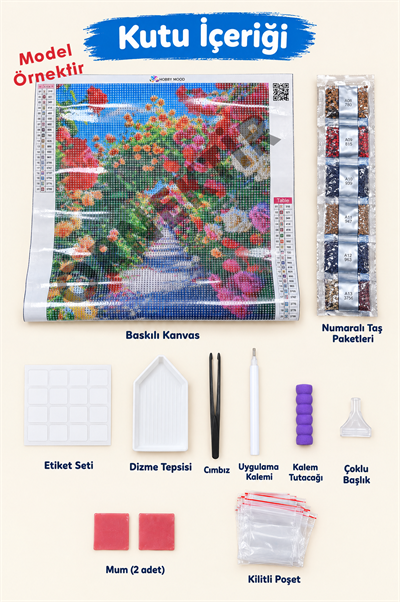 Elmas Boyama Puzzle Kit, Sonbaharda Pembe Ev ve Köprü 50x65 cm Mozaik