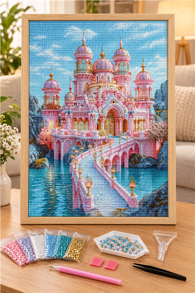 Elmas Boyama Puzzle Kit, Su Üzerinde Pembe Saray 30x40 cm Mozaik