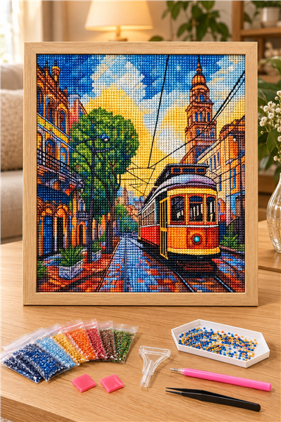 Elmas Boyama Puzzle Kit, Tarihi Sokakta Sarı Tramvay 30x30 cm Mozaik
