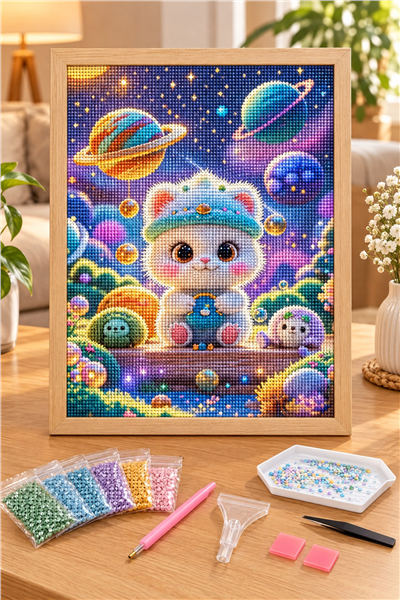 Elmas Boyama Puzzle Kit, Uzayda Sevimli Kedi 21x25 cm Mozaik