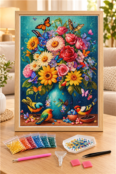 Elmas Boyama Puzzle Kit, Vazoda Çiçekler ve Kuşlar 30x40 cm Mozaik