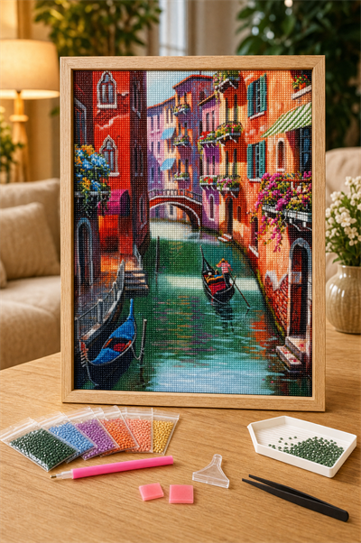 Elmas Boyama Puzzle Kit, Venedik Kanalında Gondol 40x50 cm Mozaik