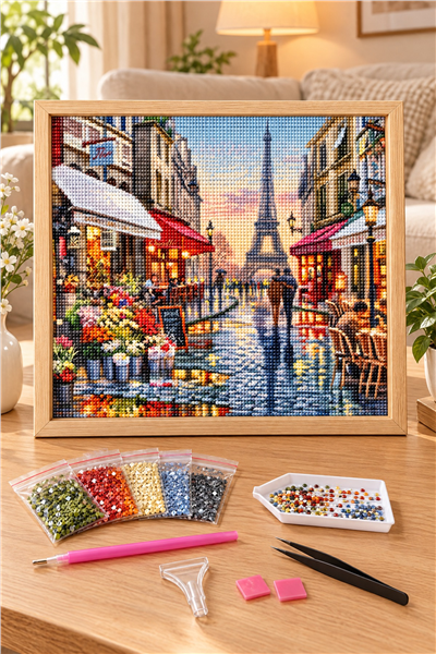 Elmas Boyama Puzzle Kit, Yağmurlu Paris Sokağında Eyfel 50x65 cm Mozaik