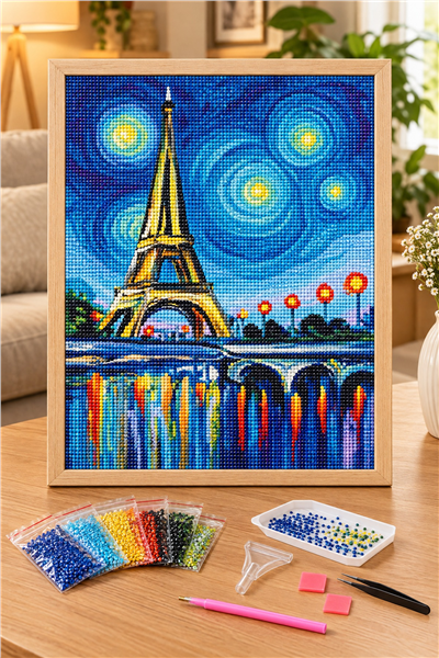 Elmas Boyama Puzzle Kit, Yıldızlı Gece Eyfel Kulesi ve Köprü 21x25 cm Mozaik