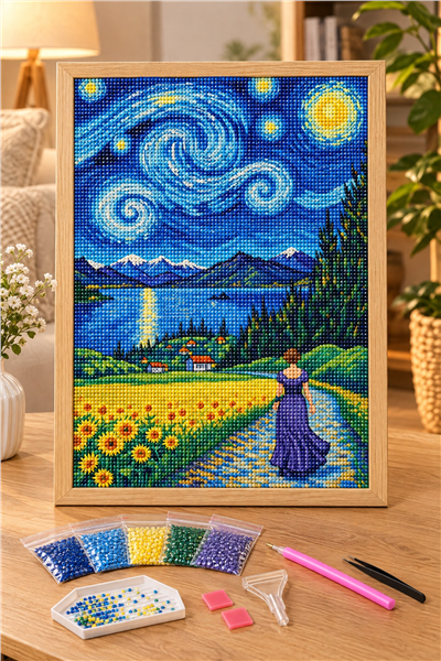 Elmas Boyama Puzzle Kit, Yıldızlı Gecede Ayçiçeği Tarlası 30x40 cm Mozaik