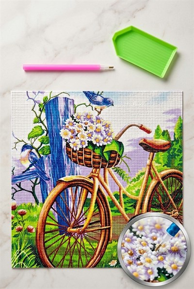 Elmas Mozaik Tablo, 30x30cm Çiçekli Bisikler Boncuk Yapıştırma Kiti  