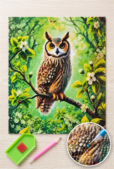 Elmas Mozaik Tablo, 30x30cm Ormandaki Baykuş Boncuk Yapıştırma Kiti  