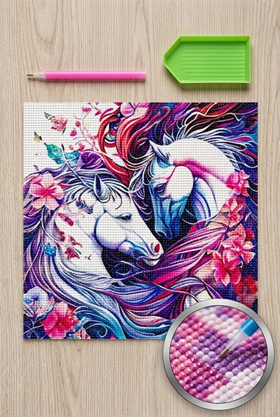 Elmas Mozaik Tablo, 30x30cm Renkli Atlar Boncuk Yapıştırma Kiti  