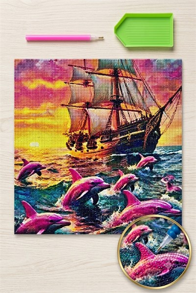 Elmas Mozaik Tablo, 30x30cm Yelkenli Ve Pembe Yunuslar Boncuk Yapıştırma Kiti  
