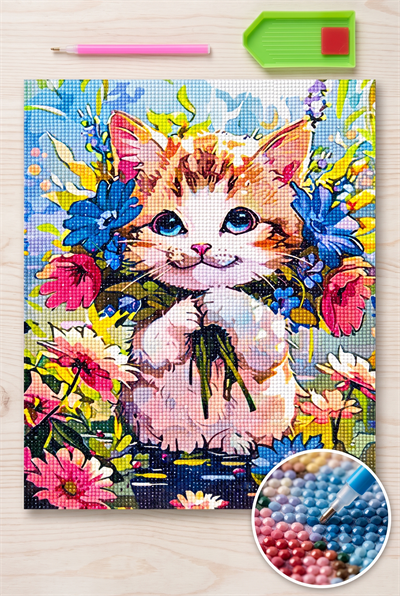 Elmas Mozaik Tablo, 30x40  Sevimli Kedi Boncuk Yapıştırma Kiti  