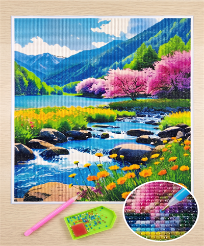 Elmas Mozaik Tablo, 50x40cm Bahar Deresi Boncuk Yapıştırma Kiti 