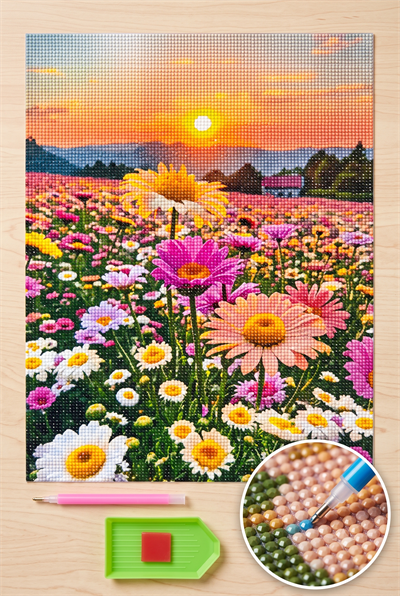 Elmas Mozaik Tablo, 50x40cm Çiçek Tarlası Boncuk Yapıştırma Kiti 