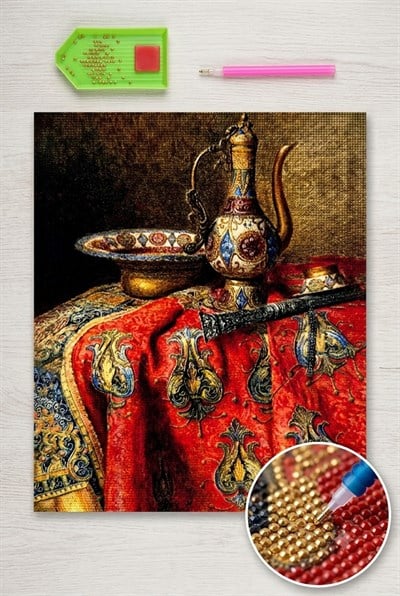 Elmas Mozaik Tablo, Elmas Puzzle Kiti 50x40cm Örtüde İbrik Boncuk Yapıştırma