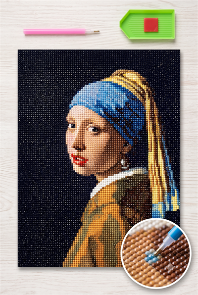 Elmas Mozaik Tablo, 50x40cm Johannes Vermeer İnci Küpeli Kız Boncuk Yapıştırma Kiti 