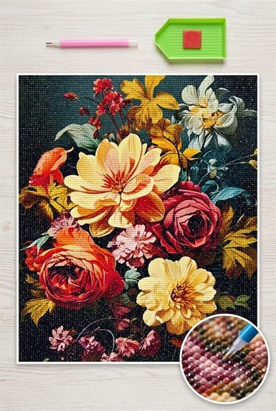 Elmas Mozaik Tablo, 50x40cm Karanlık Çiçekler Boncuk Yapıştırma Kiti 