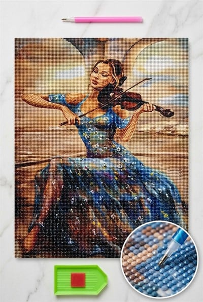 Elmas Mozaik Tablo, 50x40cm Kemancı Kız Boncuk Yapıştırma Kiti 
