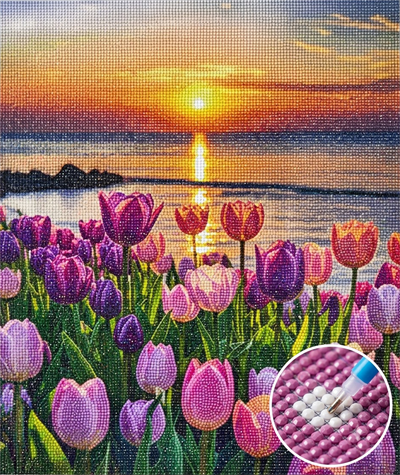 Elmas Mozaik Tablo, 50x40cm Laleler Boncuk Yapıştırma Kiti 