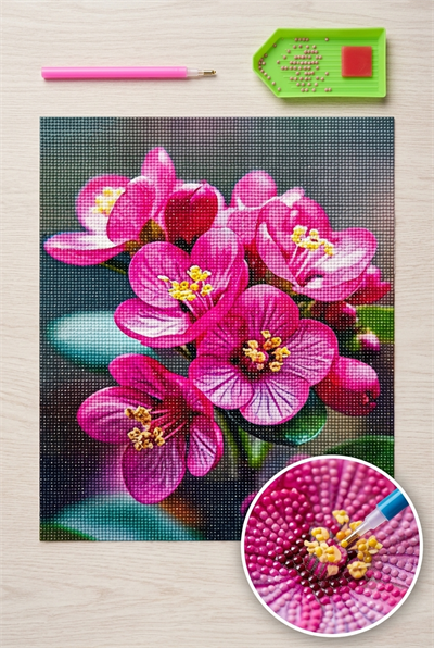 Elmas Mozaik Tablo, 50x40cm Pembe Çiçek Boncuk Yapıştırma Kiti 