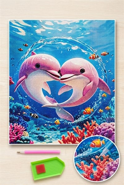 Elmas Mozaik Tablo, 50x40cm Pembe Yunuslar Boncuk Yapıştırma Kiti 