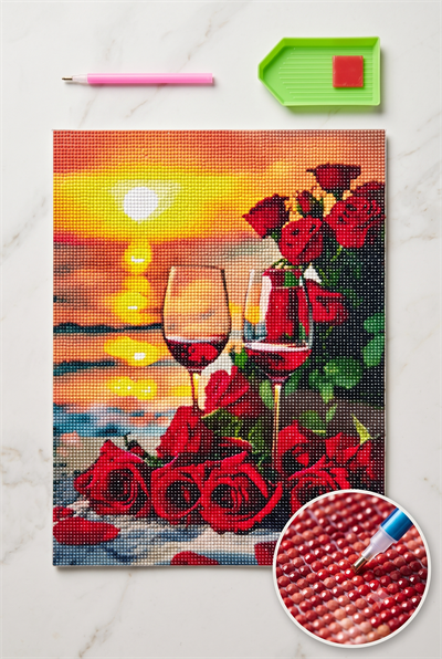 Elmas Mozaik Tablo, 50x40cm Sahilde kırmızı Güller Boncuk Yapıştırma Kiti 