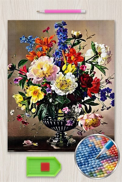 Elmas Mozaik Tablo, 50x40cm Vazoda Çiçekler Boncuk Yapıştırma Kiti 