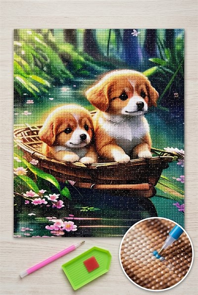 Elmas Mozaik Tablo, 50x40cm Yavru Köpekler Boncuk Yapıştırma Kiti 