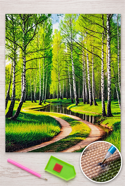 Elmas Mozaik Tablo, 50x40cm Yeşil Orman Boncuk Yapıştırma Kiti 